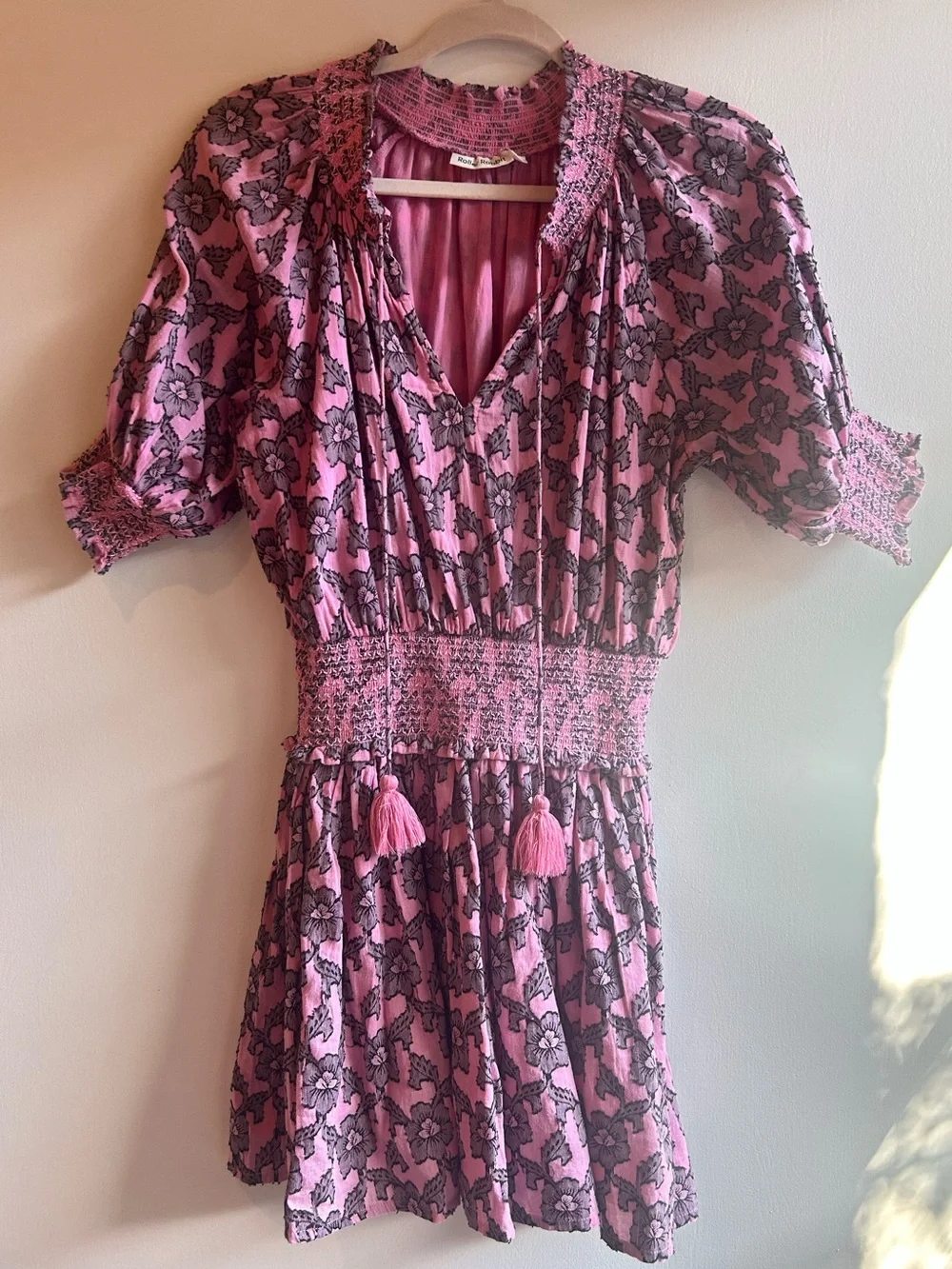 Anthropologie Roller Rabbit Smocked Waist Pink Floral Mini Dress